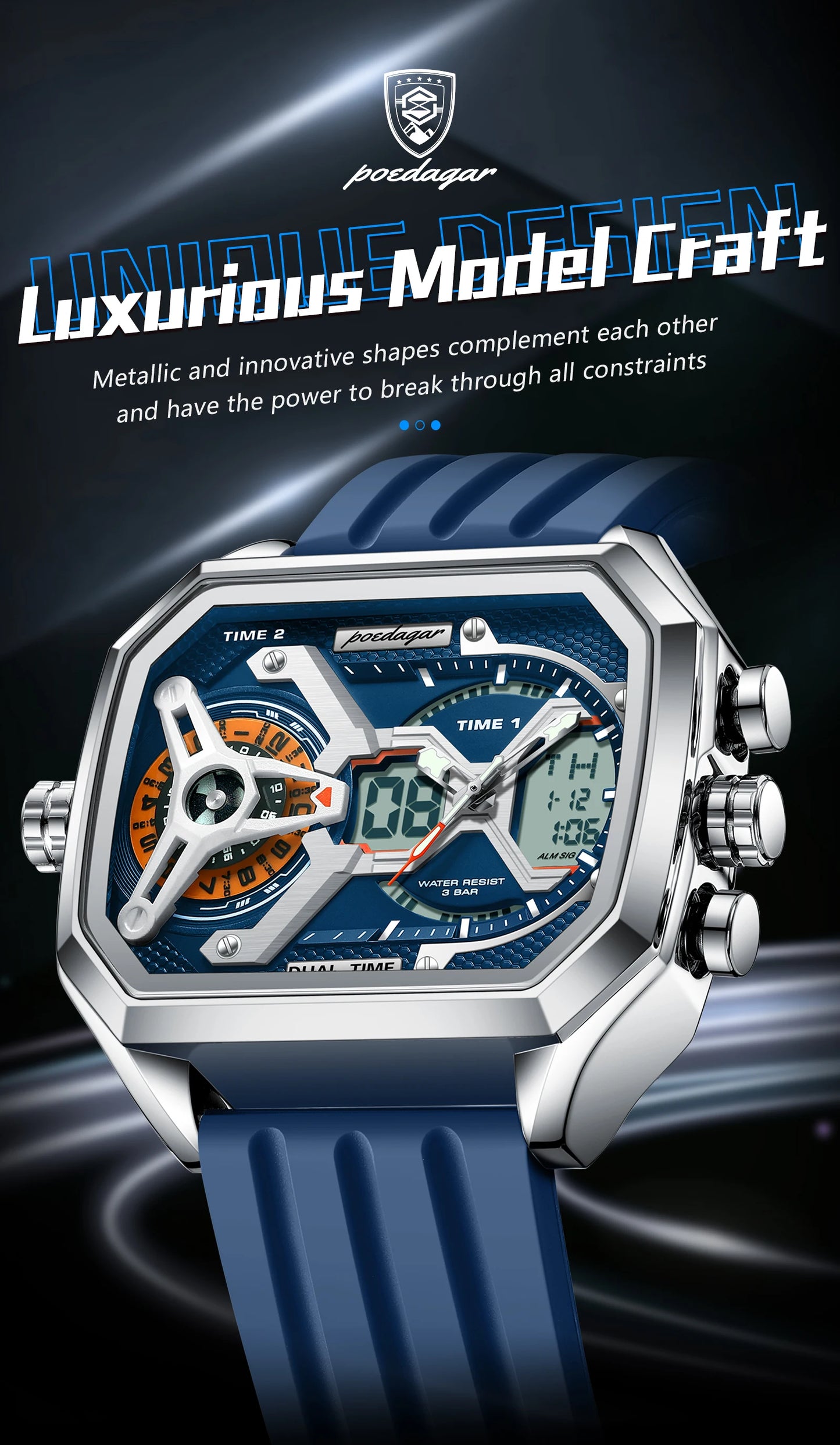 POEDAGAR Luxury Men Wristwatch Date Week Luminous LED Quartz Man Clock Silicone Strap Electronic Dual Time Fashion Men's Watches