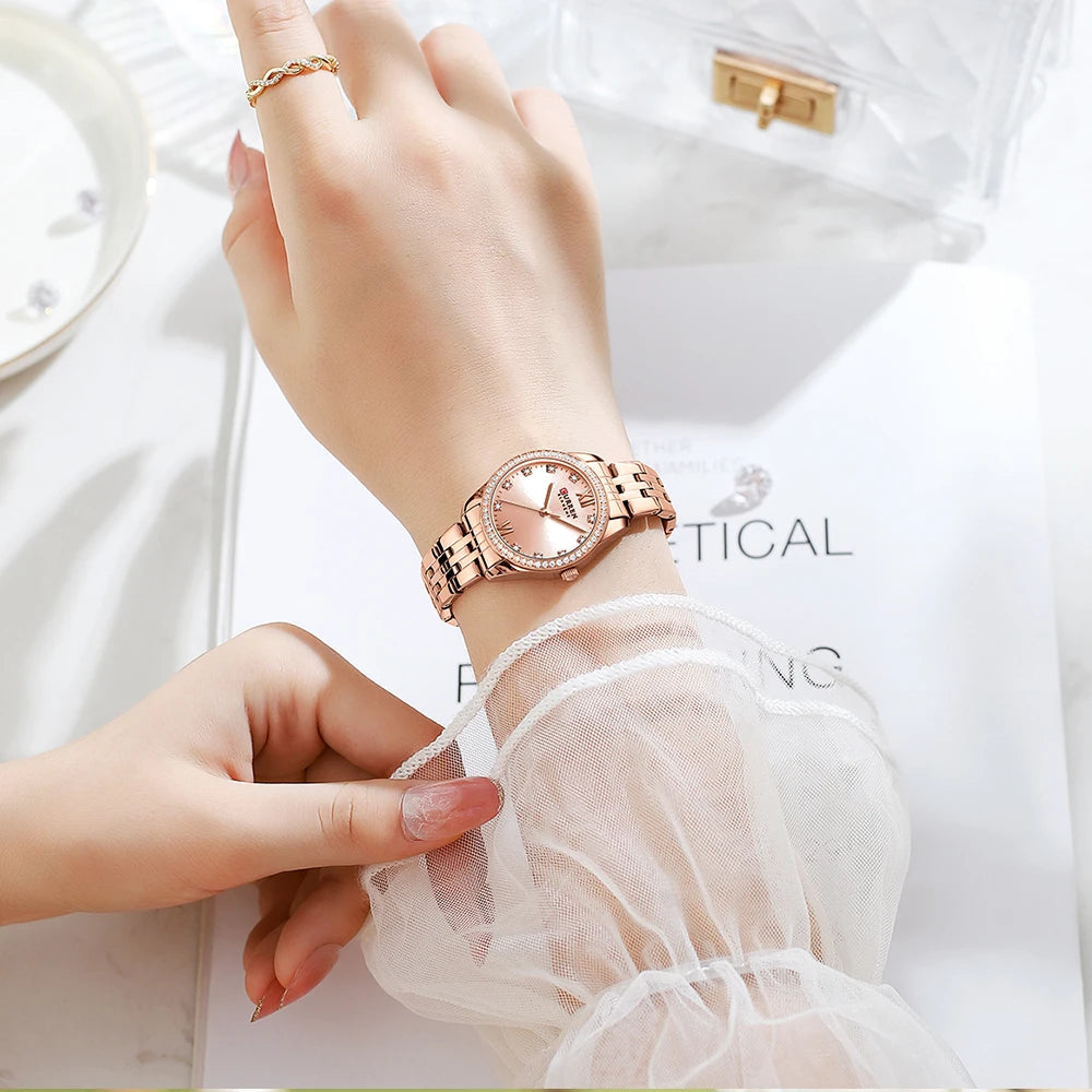 CURREN Luxury Watch Women Ring Necklace Earrings Rhinestone Fashion Wristwatch Female Casual Ladies Watches Bracelet 5PCS Set
