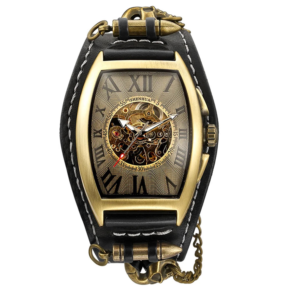 Antique Skeleton Dial Men Automatic Mechanical Watch Vintage Gothic Clock Steampunk Self Winding Watches Brown Rock Reloj Hombre