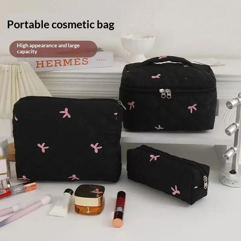 Black Women Portable Makeup Bag Large Capacity Bow Quilting Cosmetic Pouch Handbag Ladies Travel Toiletry Storage Bag