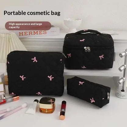 Black Women Portable Makeup Bag Large Capacity Bow Quilting Cosmetic Pouch Handbag Ladies Travel Toiletry Storage Bag