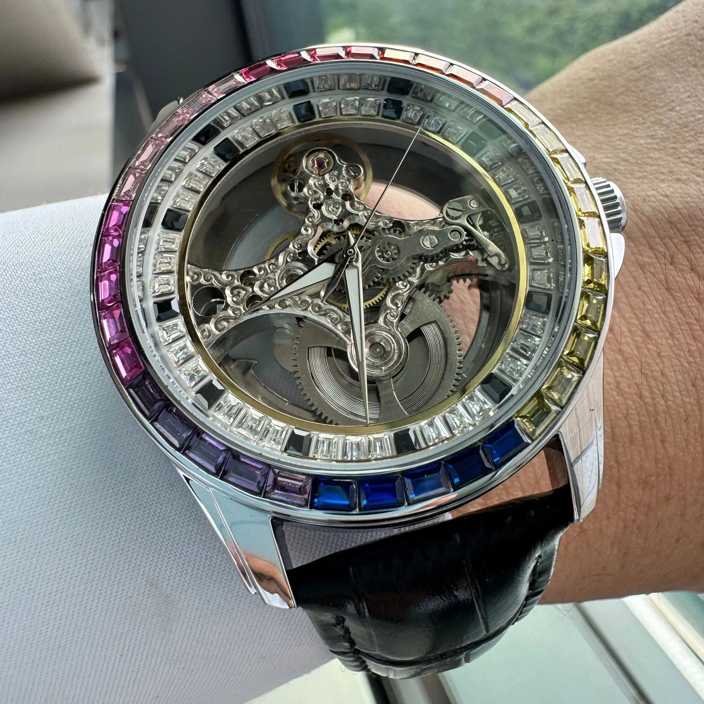 AOKULASIC Luxury Skeleton Automatic Watch for Men Fashion Black Leather Strap Luminous Hands Business Mechanical Mens Watches