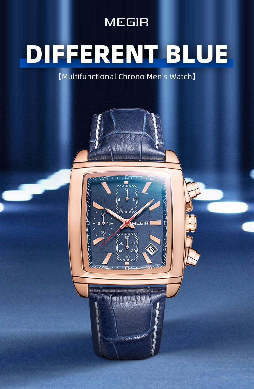 MEGIR Fashion Casual Men Chronograph Quartz Watch Top Brand Military Sport Wristwatch Man Rectangle  Leather Watches Male 2028