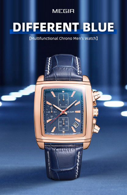 MEGIR Fashion Casual Men Chronograph Quartz Watch Top Brand Military Sport Wristwatch Man Rectangle  Leather Watches Male 2028