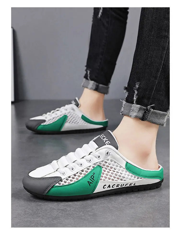 Verão masculino malha deslizamento em metade chinelos moda homem sandálias esportivas respirável qualidade casual ervilhas sapatos para homens mocassins de luxo