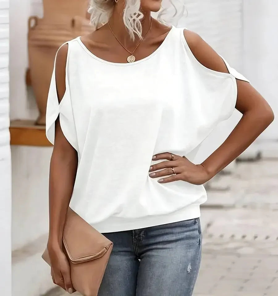 Women's Tee Top Cold Shoulder Short Sleeve Solid Soft Knit Loose Tops Casual
