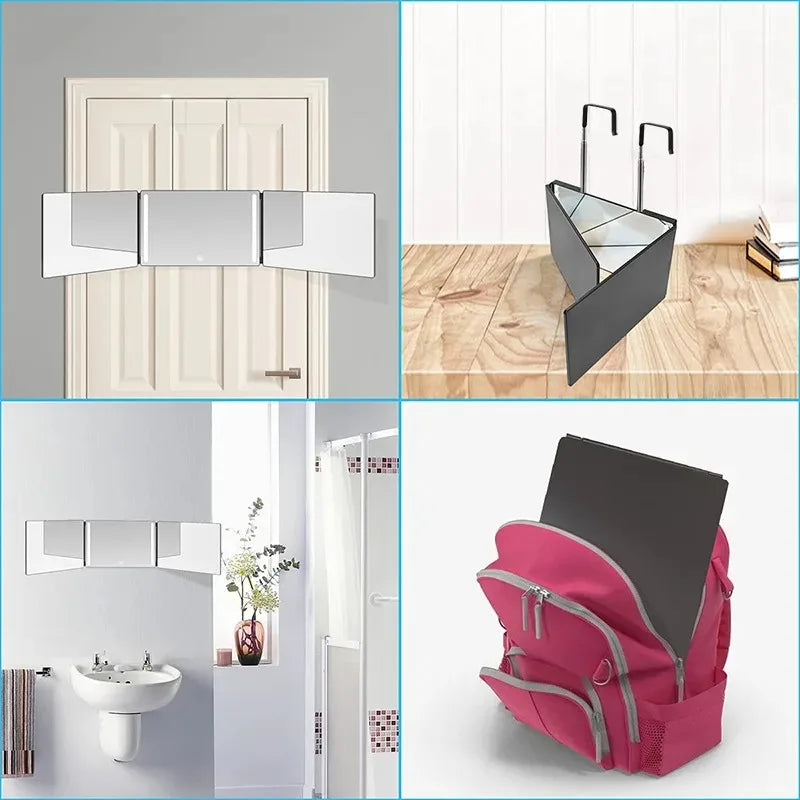3-Way Mirror with Height Adjustable Hook 360 Trifold Makeup Mirror Hairdressing Mirror Suitable for Haircut Styling