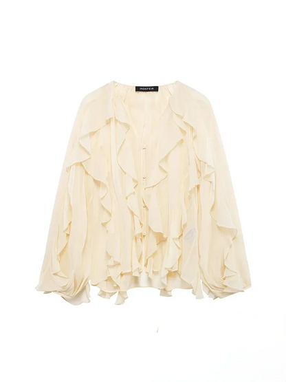 KONDALA Burgundy Mesh Ruffles Shirts For Women Elegant Long Sleeve See Through Loose Tops 2025 New Female High Street Partywear