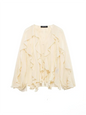 KONDALA Burgundy Mesh Ruffles Shirts For Women Elegant Long Sleeve See Through Loose Tops 2025 New Female High Street Partywear