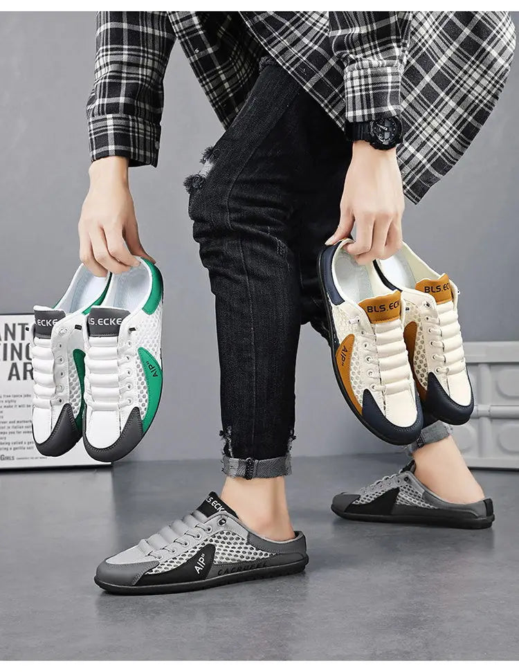 Verão masculino malha deslizamento em metade chinelos moda homem sandálias esportivas respirável qualidade casual ervilhas sapatos para homens mocassins de luxo