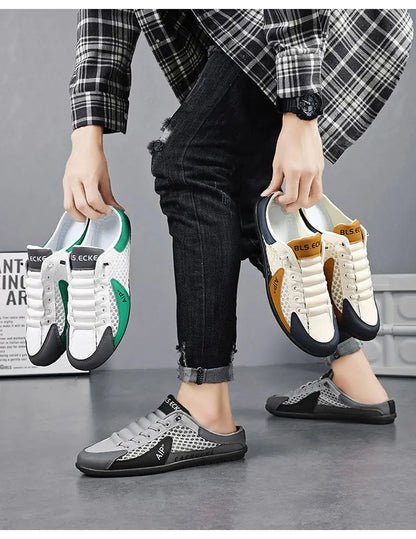 Verão masculino malha deslizamento em metade chinelos moda homem sandálias esportivas respirável qualidade casual ervilhas sapatos para homens mocassins de luxo