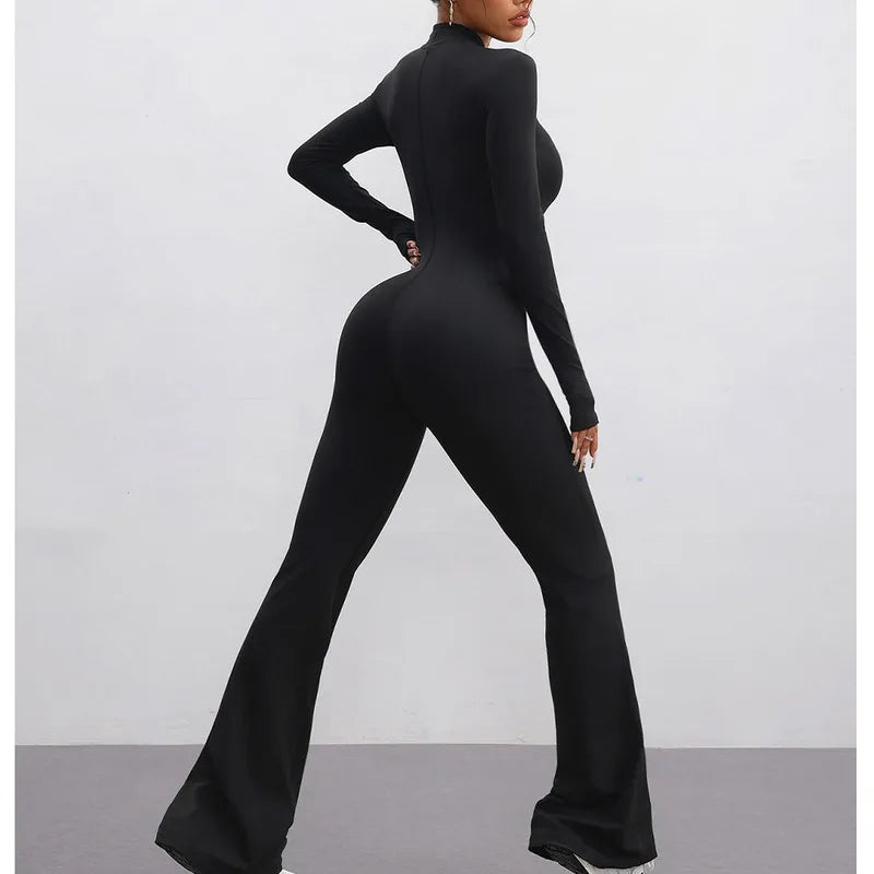 Nylon Yarn Zipper Long-sleeved Flare Pants Yoga One-piece Clothes Tight Fitness Sportswear Women's Jumpsuits