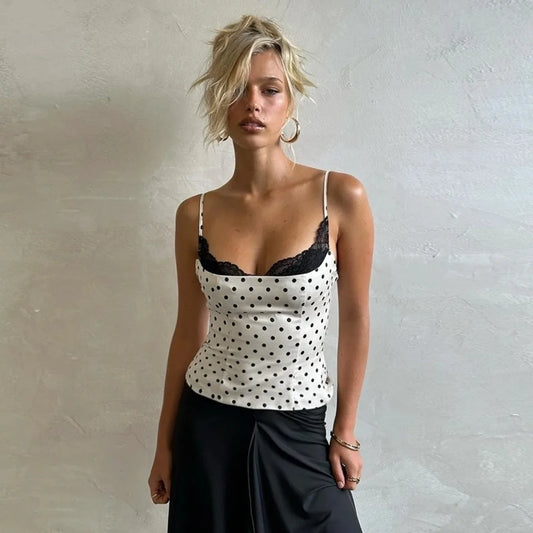 New Lace Splicing Lace Camisole Top Polka Dot Sleeveless Design Polka Dot Top