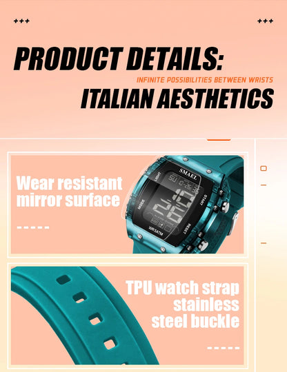 SMAEL Digital Watches Big Dial Rectangle Sport Watches LED Date 8108 Digital Watches 50m Waterproof Shockproof Men's Wristwatch