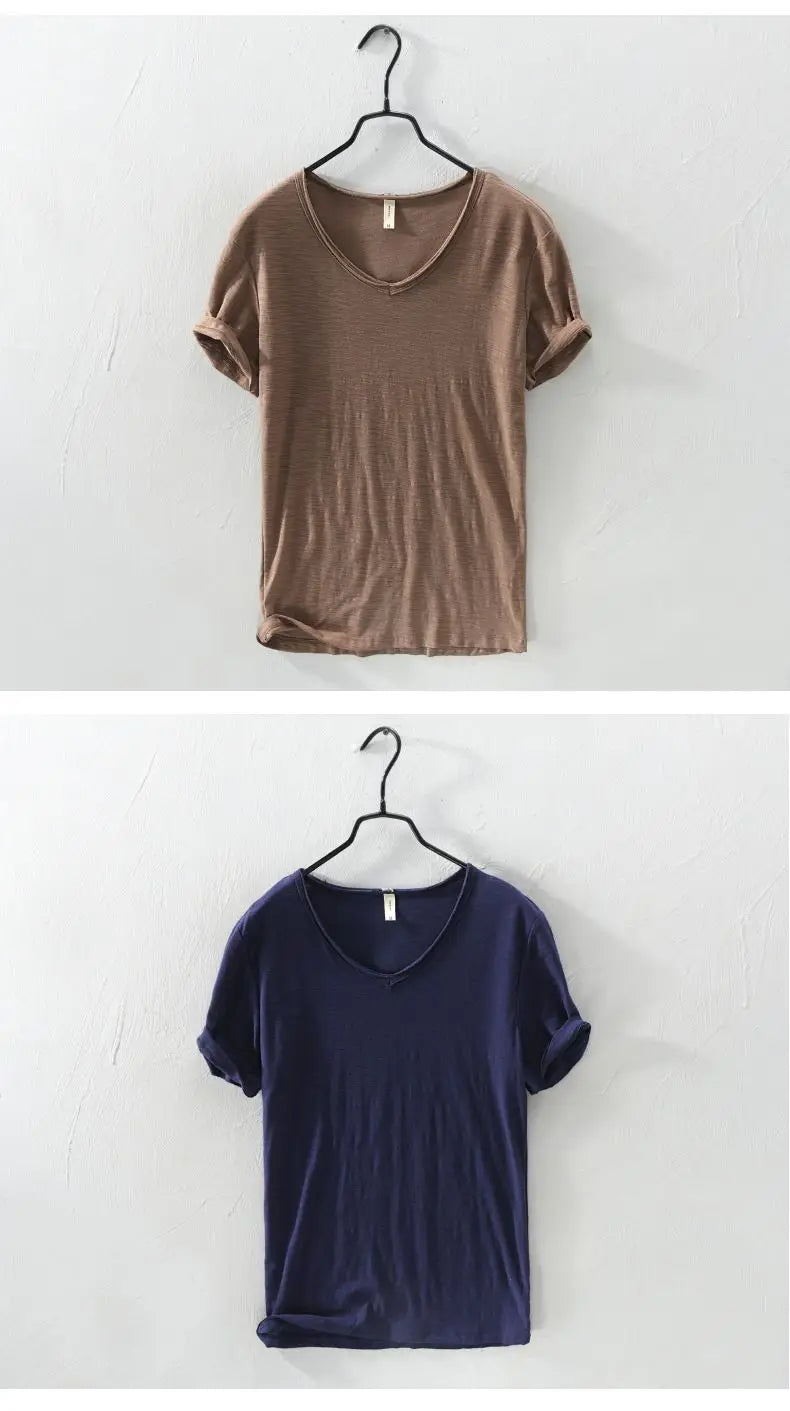 2026 Summer New 100% Cotton White T-shirt Male V-neck