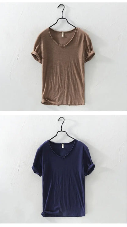 2026 Summer New 100% Cotton White T-shirt Male V-neck