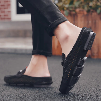 Moda masculina chinelos de couro ao ar livre meia loafers sapatos leves respirável mulas para o homem verão sandálias casuais sapatos preguiçosos
