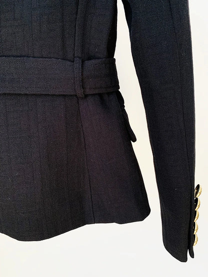 HIGH STREET Newest 2026 Designer Jacket Women's Double Breasted Lion Buttons Monogram Jacquard Belted Blazer