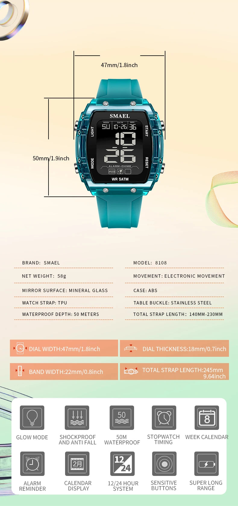 SMAEL Digital Watches Big Dial Rectangle Sport Watches LED Date 8108 Digital Watches 50m Waterproof Shockproof Men's Wristwatch