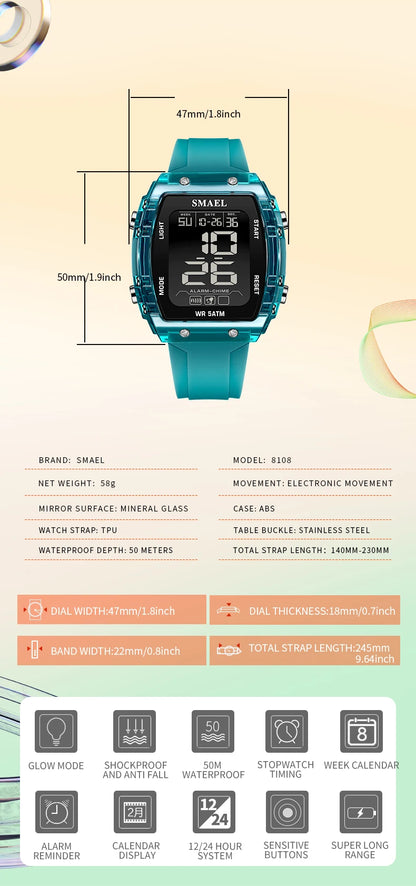 SMAEL Digital Watches Big Dial Rectangle Sport Watches LED Date 8108 Digital Watches 50m Waterproof Shockproof Men's Wristwatch
