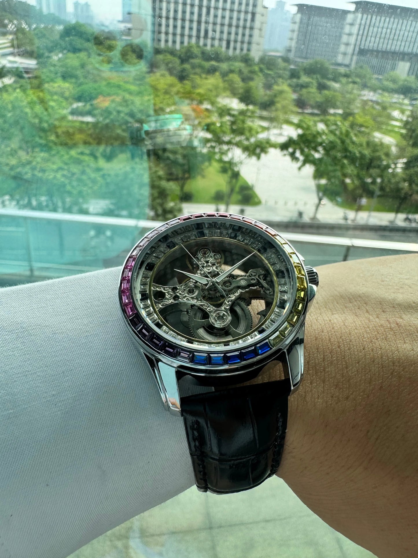 AOKULASIC Luxury Skeleton Automatic Watch for Men Fashion Black Leather Strap Luminous Hands Business Mechanical Mens Watches