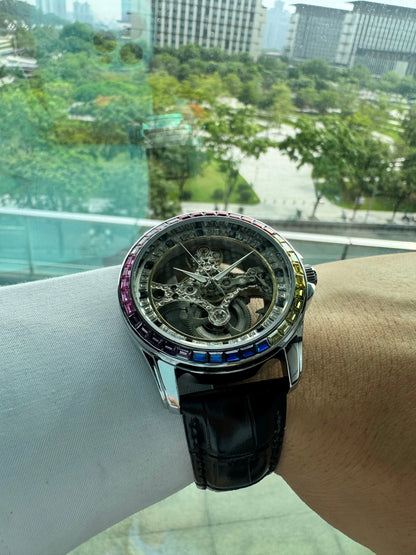 AOKULASIC Luxury Skeleton Automatic Watch for Men Fashion Black Leather Strap Luminous Hands Business Mechanical Mens Watches