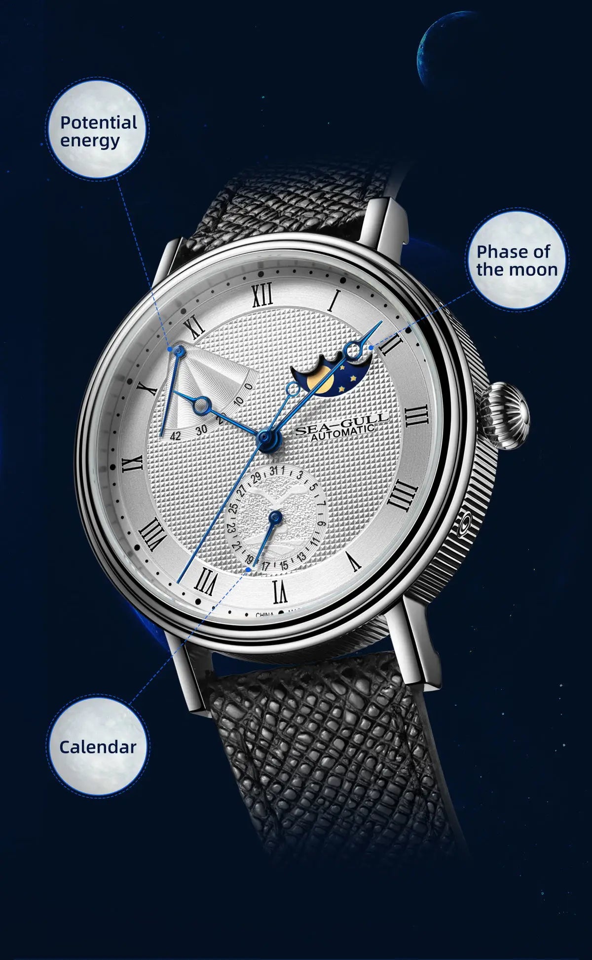 Seagull Men's Business Wristwatch Moon Phase Leather Luxury Automatic Mechannical Men's Watches 50M Waterproof relogio 6092