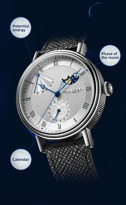 Seagull Men's Business Wristwatch Moon Phase Leather Luxury Automatic Mechannical Men's Watches 50M Waterproof relogio 6092
