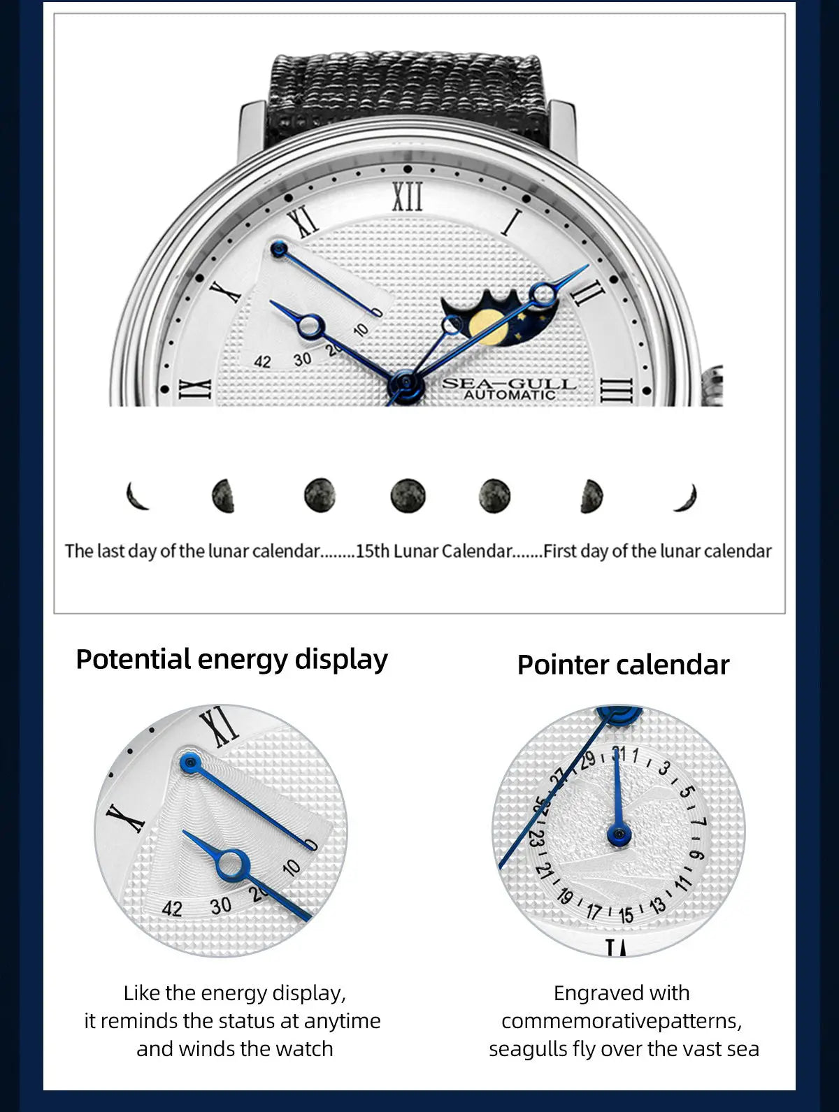 Seagull Men's Business Wristwatch Moon Phase Leather Luxury Automatic Mechannical Men's Watches 50M Waterproof relogio 6092