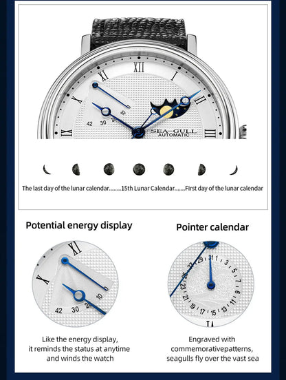 Seagull Men's Business Wristwatch Moon Phase Leather Luxury Automatic Mechannical Men's Watches 50M Waterproof relogio 6092