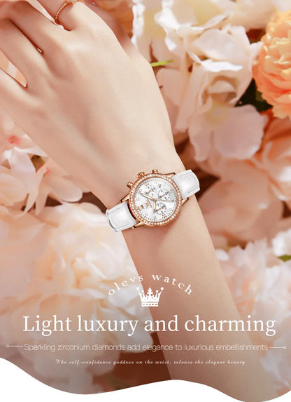 OLEVS Fashion Diamond Watches For Women Luxury Brand Rose Gold Case Ladies Quartz Watch White Leather Strap reloj para mujer