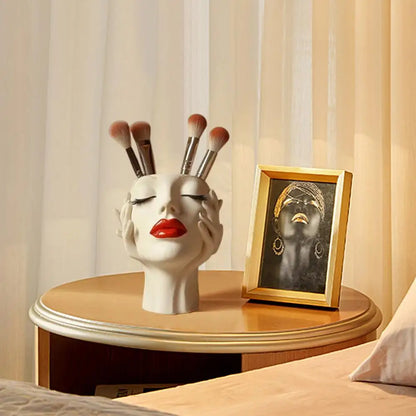 Cosmetic Brush Holder Makeup Organizer For Brushes Women's Head Design Boho Aesthetic Decorative Resin Decoration For Bathroom