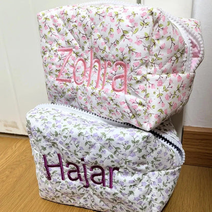 Custom Name Floral Makeup Pouch Embroidered Featuring a Floral Design Wash Bag, Travel Cosmetic Bag Suitable for Bridesmaid Gift