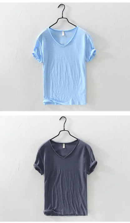 2026 Summer New 100% Cotton White T-shirt Male V-neck