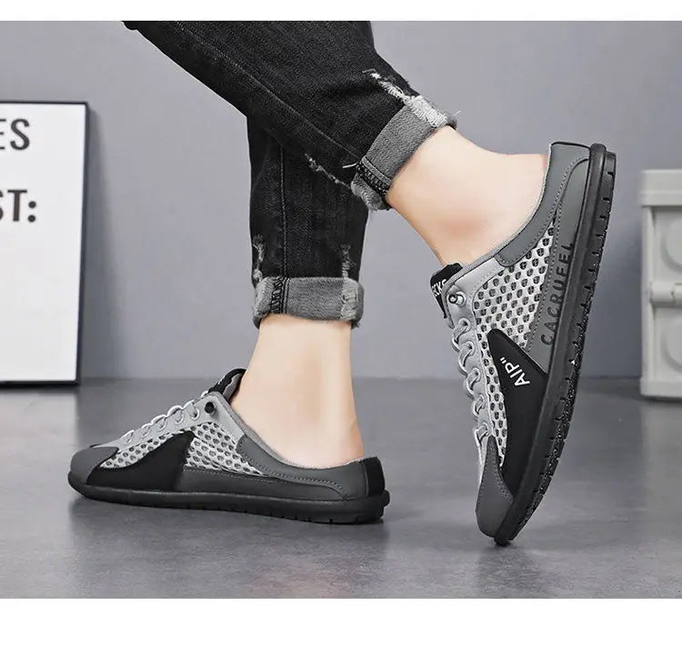 Verão masculino malha deslizamento em metade chinelos moda homem sandálias esportivas respirável qualidade casual ervilhas sapatos para homens mocassins de luxo
