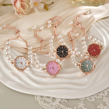 Exquisite Pearl Women Bracelet Quartz Watches Adjustable Strap Luxury Small Simple Octagonal Dial Ladies Wristwatch Gift
