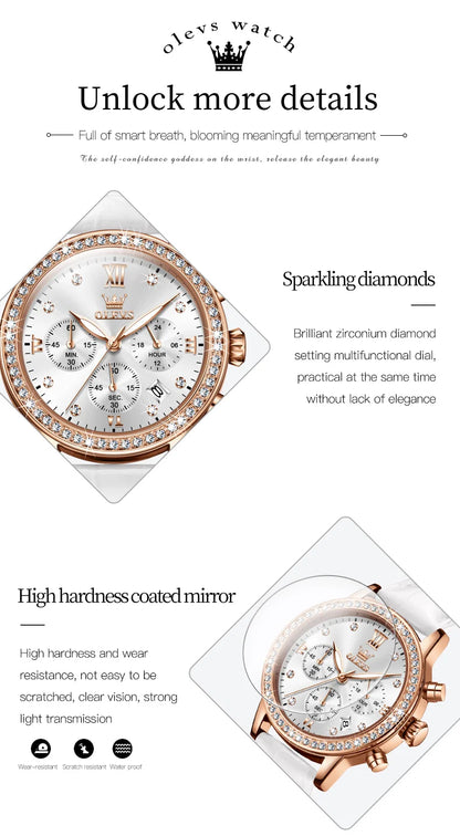 OLEVS Fashion Diamond Watches For Women Luxury Brand Rose Gold Case Ladies Quartz Watch White Leather Strap reloj para mujer