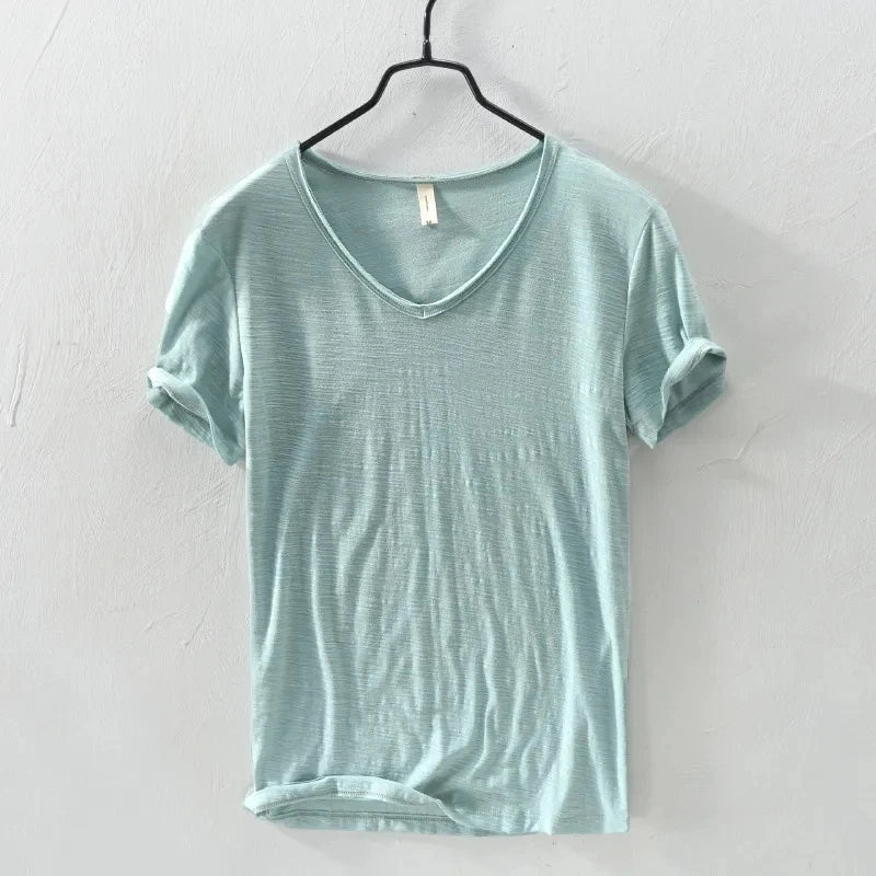 2026 Summer New 100% Cotton White T-shirt Male V-neck