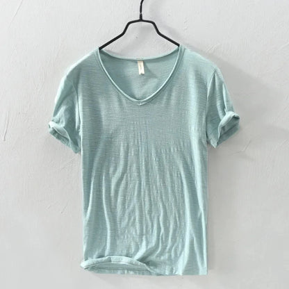 2026 Summer New 100% Cotton White T-shirt Male V-neck