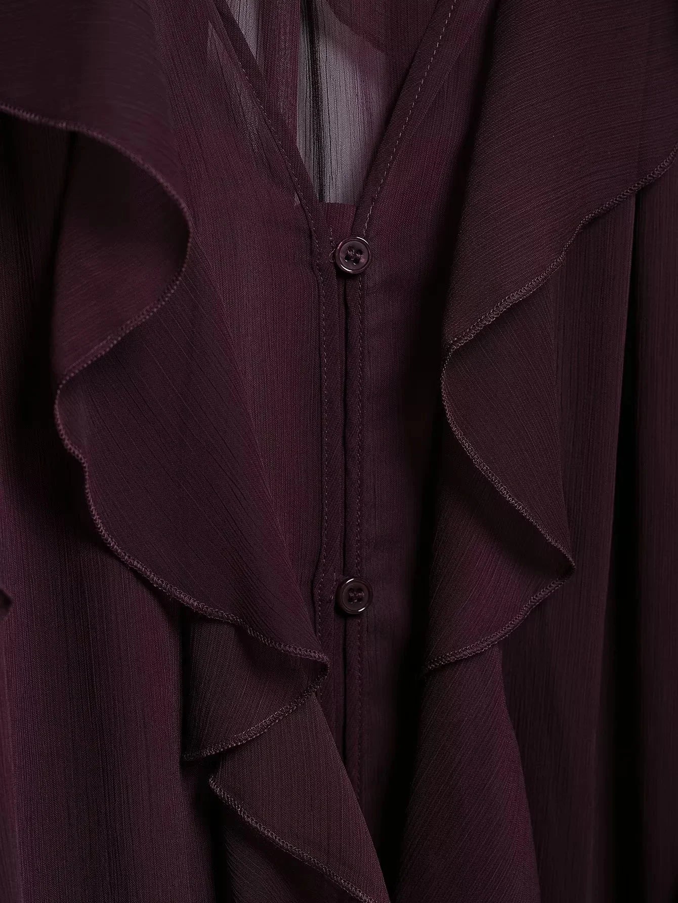 KONDALA Burgundy Mesh Ruffles Shirts For Women Elegant Long Sleeve See Through Loose Tops 2025 New Female High Street Partywear
