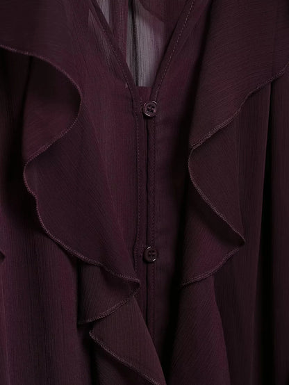 KONDALA Burgundy Mesh Ruffles Shirts For Women Elegant Long Sleeve See Through Loose Tops 2025 New Female High Street Partywear