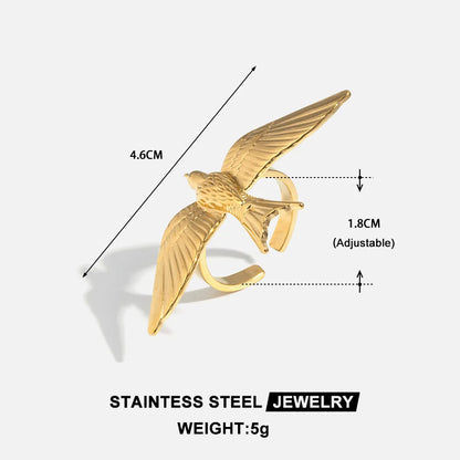 Stainless Steel 18k Gold Plated Vintage Stereoscopic Bird Shaped Open Rings for Women Waterproof Fashion Charm Jewelry Party