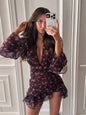 Chic Ruffle Print Slim Fit Dress Women Chic Flared sleeves V-neck 2026