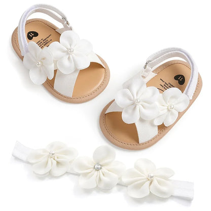 Sandálias de verão para bebês meninas de 0 a 18 meses, decorações de flores 3d fofas, sapatos de sola plana antiderrapantes, sapatos para primeiros passos recém-nascidos