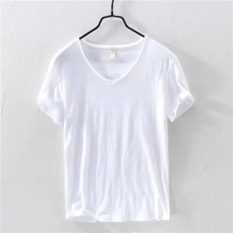 2026 Summer New 100% Cotton White T-shirt Male V-neck