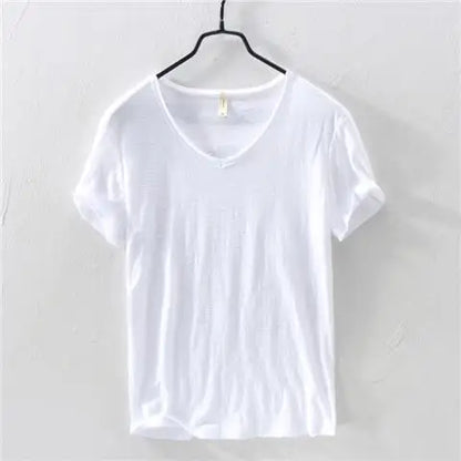 2026 Summer New 100% Cotton White T-shirt Male V-neck