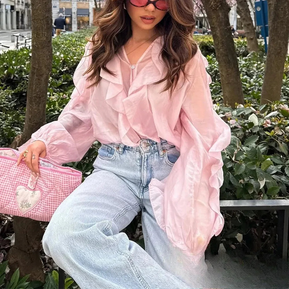 KONDALA Burgundy Mesh Ruffles Shirts For Women Elegant Long Sleeve See Through Loose Tops 2025 New Female High Street Partywear