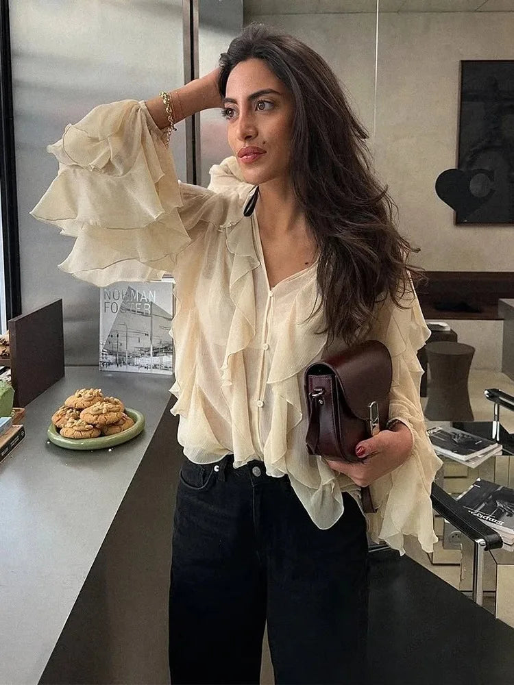 KONDALA Burgundy Mesh Ruffles Shirts For Women Elegant Long Sleeve See Through Loose Tops 2025 New Female High Street Partywear