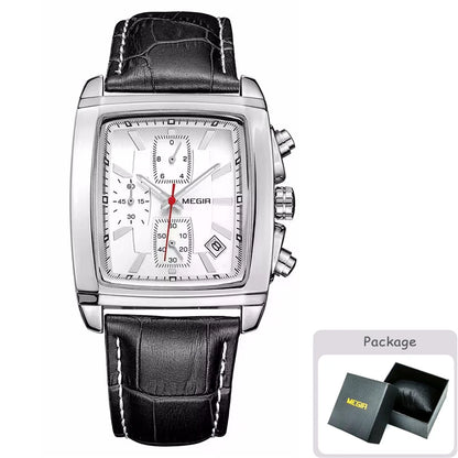 MEGIR Fashion Casual Men Chronograph Quartz Watch Top Brand Military Sport Wristwatch Man Rectangle  Leather Watches Male 2028