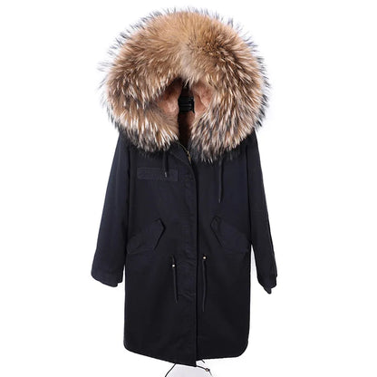 Maomaokong Winter Woman Natural Fur Overcoat Plus Size Black Parkas Raccoon Real Fur Lining Extra Larg Warm Jacket Coats Long